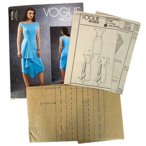 Vogue Sewing Pattern V1742 Asymmetrical Draped Dress Sizes 6-14 Uncut - Picture 3 of 3